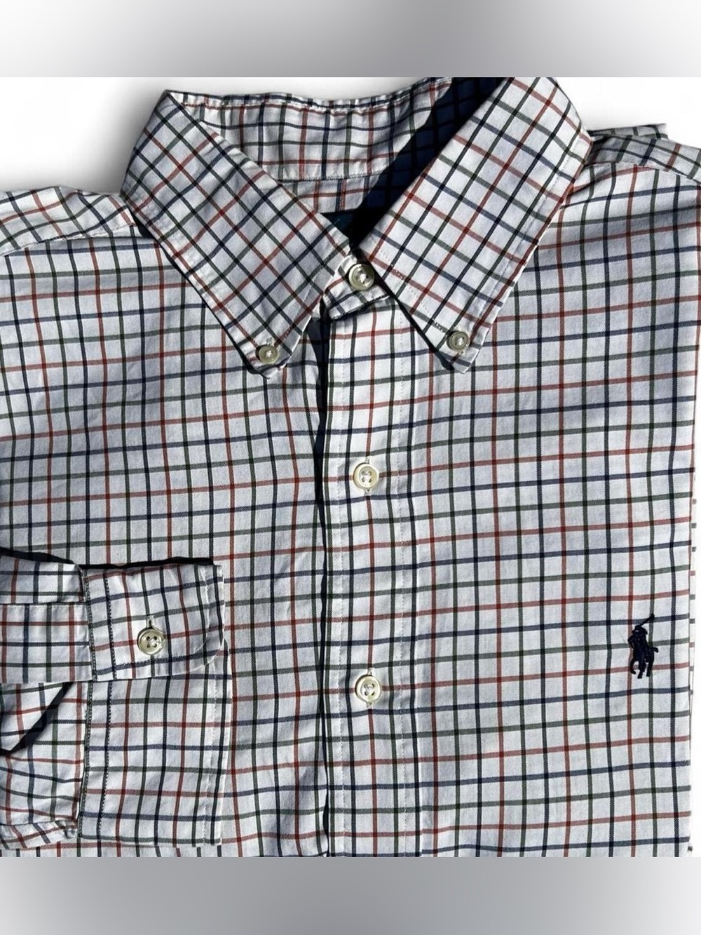 Ralph Lauren White Plaid Button-Down Shirt with Navy & Brown Checks